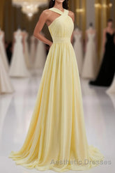 Cross Front Yellow Pleated Chiffon Long Bridesmaid Dresses